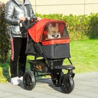 PawHut 3 Wheel Folding Dog Stroller, Travel Carrier with Adjustable Canopy, Storage Brake, Mesh Window for S&M Dogs, Red(m-8)