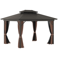 Outsunny 10' x 12' Hardtop Gazebo with Curtains and Netting, Permanent Pavilion Metal Double Roof Gazebo Canopy with Aluminum Frame and Hooks, for Garden, Patio, Backyard, Brown