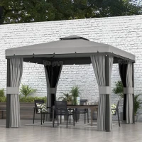 Outsunny 10' x 10' 2-Tier Outdoor Gazebo Canopy Tent with Zippered Mesh Sidewalls, Aluminum Frame for Patio, Backyard Light Grey(m-1)