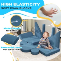 Qaba 12-Piece Modular Kids Play Couch Building Fort for Playroom Bedroom, Convertible Kids Sofa, Blue(m-5)