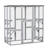 PawHut Large Outdoor Catio Enclosure, Weatherproof Cat House with Asphalt Roof,  Wooden Cat Patio Cage with 6 Balanced Platforms, 71" x 39" x 71", Grey(m-2)