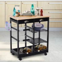 HOMCOM Rolling Kitchen Island Trolley Serving Cart Wheeled Storage Cabinet w/ Basket Shelves and Drawers Black(m-1)