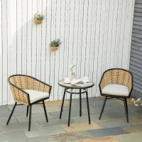 Outsunny 3 Piece Patio Set, Outdoor Bistro Furniture, PE Rattan Wicker Table and Chairs, Cushioned, Barrel Style, Cream White(m-2)