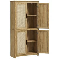 HOMCOM 64" Kitchen Pantry, Tall Storage Cabinet with 4 Rattan Doors, 4 Tier Shelves and Adjustable Shelf, Natural(m-1)