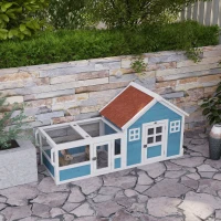 PawHut Rabbit Hutch Outdoor with Asphalt Roof, Handle, Wheels, 64" x 23.3" x 30.6", for Small Animals, Blue(m-1)