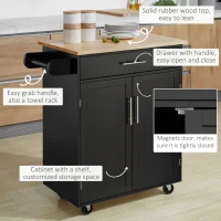 HOMCOM Rolling Kitchen Island Cart with Wood Top, Enough Storage Drawer Space with Towel Bar Rack Shelves, Portable Kitchen Utility Serving Cart Trolley on Wheels, Black(m-6)