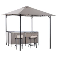 Outsunny 8' x 8' 3-Piece Patio Bar Set with Gazebo Canopy 2 Bar Stools and Bar Table with Storage Shelf for Poolside, Backyard, Garden(m-1)