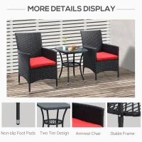 Outsunny 3 Pieces Wicker Patio Furniture Set, Rattan Bistro Set with Glass Top Coffee Table and Cushions, Outdoor Conversation Set for Garden, Porch, Balcony, Red(m-5)