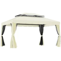 Outsunny 10 x 13ft Aluminum Frame Gazebo Canopy Double Tier Garden Shelter with Netting and Curtains, Cream White(m-2)