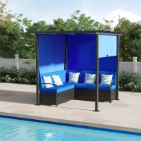 Outsunny Wicker Patio Furniture, Outdoor PE Rattan Sofa Set with Retractable Canopy Pergola, Shade Shelter for Deck, Pool, Garden, Terrace, Blue(m-1)