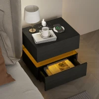 HOMCOM Bedside Table with Charging Station and LED Light Modern Nightstand with USB Ports AC Outlets Drawers Remote, Black(m-7)