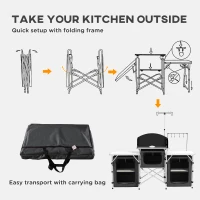 Outsunny Aluminum Camping Kitchen, Portable Folding Camping Table with Fabric Cupboards, Windshield, Bag for BBQ, Picnic, Black(m-6)