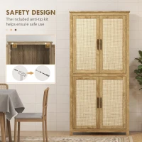 HOMCOM 64" Kitchen Pantry, Tall Storage Cabinet with 4 Rattan Doors, 4 Tier Shelves and Adjustable Shelf, Natural(m-7)