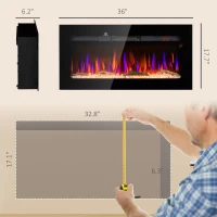HOMCOM 36" Recessed or Wall Mounted Electric Fireplace Heater with Remote Control, Adjustable Flame Color and Brightness(m-3)
