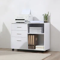 HOMCOM Modern Lateral Filing Cabinet, 3 Drawer File Cabinet for Letter and A4 Size Documents, Mobile, Printer Stand with Open Shelves, Rolling Wheels, White(m-7)