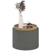HOMCOM Round Storage Ottoman Coffee Table with Flip Top Tray, Linen Fabric Upholstered Footstool with Hidden Compartment(m-11)