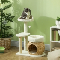 PawHut 31" Cat Tree Tower with Scratching Posts, Cat Condo, Beds, Platform, Toy Ball, for Indoor Cats, Cream White
