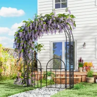 Outsunny 7.4ft Steel Garden Arch with Gate, Garden Arbor Trellis for Climbing Plants, Roses, Vines, Wedding Arch for Outdoor, Garden, Lawn, Backyard, Black(m-1)