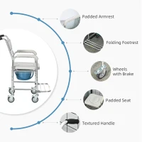 HOMCOM 3-in-1 Shower Commode Wheelchair, FSA/HSA Eligible Transport Beside Commode Chair, Waterproof Rolling Over Toilet Chair 330 lbs. Weight Capacity with Padded Seat, Gray(m-5)