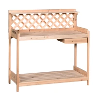 Outsunny Outdoor Garden Potting Bench, Wooden Workstation Table w/ Drawer, Hooks, Open Shelf, Lower Storage and Lattice Back for Patio, Backyard and Porch(m-1)