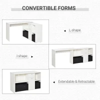 HOMCOM Convertible L-Shaped Computer Desk, Corner Table wth 3 Fabric Storage Boxes, Retractable Home Office Desk, White(m-5)