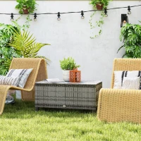 Outsunny Rattan Wicker Coffee Table with Glass Top Outdoor Garden Patio Furniture Brown Tempered(m-9)