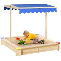 Outsunny Wooden Sandbox w/ Adjustable Canopy, Children Outdoor Playset Weather Resistant 47" L x 47" W x 47" H, Natural & Blue(m-1)