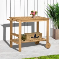 Outsunny Outdoor Bar Cart, Wood Rolling Home Bar & Serving Cart with 2 Shelves, Wine Bottle Holders for Garden, Dining Room, Natural(m-10)