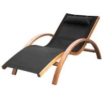 Outsunny Outdoor Chaise Wood Lounge Chair with Pillow, Armrests, Breathable Sling Mesh and Comfortable Curved Design for Patio, Deck, and Poolside(m-11)