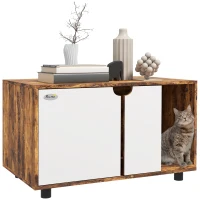 PawHut Hidden Cat Litter Box Enclosure with Double Doors and Sand Drain Pad, Rustic Brown(m-11)