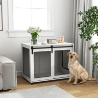 PawHut 39" Dog Crate Furniture with Sliding Barn Door, Furniture Style Dog Cage End Table for Large Dogs, White(m-8)