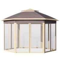 Outsunny 11' x 13' Pop Up Gazebo Canopy Tent with Zippered Mesh Sidewalls and Carrying Bag, Event Tent Shelter for Patio Garden Backyard, Beige(m-1)