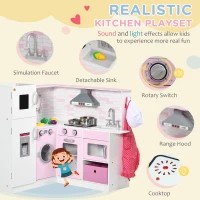 Qaba Corner Pretend Play Toy Kitchen with Sink Stove, Wooden Kids Kitchen Playset with Light Sound, Storage Cabinets, Ice Maker, Refrigerator, Washing Machine, Food Toys, White(m-4)