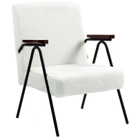 HOMCOM Modern Armchair, Upholstered Teddy Fleece Accent Chair with Wood Arms and Steel Frame for Living Room, Bedroom, White(m-11)