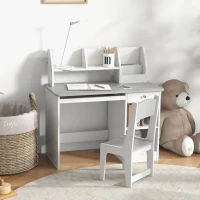 Qaba Kids Desk and Chair Set for 5-8 Year Old with Storage, Study Table and Chair for Children, Grey(m-8)