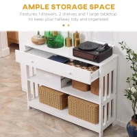 HOMCOM Console Hallway Table with Extra Wide Pull Out Drawer, 2 Open Shelves and Slatted Wood Frame Design, White(m-4)