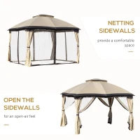 Outsunny 12' x 10' 2-Tier Outdoor Gazebo Canopy Tent for Patio with Zippered Mesh Sidewalls, Solid Steel Frame, Arched Roof, Beige(m-5)