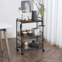 HOMCOM 3 Tier Rolling Kitchen Cart with Storage, Kitchen Island Cart on Wheels with 2 Sliding Fruit Basket, Microwave Cart with Side Hooks for Dining Room, Walnut(m-2)