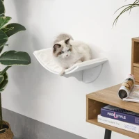 PawHut Wood Wall-Mounted Cat Shelves, Curved Kitten Bed Cat Perch Climber with Fleece Top, 16.25" x 11" x 8.25", White(m-2)