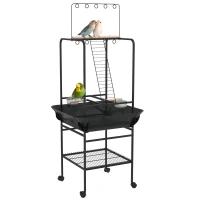 PawHut Bird Stand with Wheels, Perches, Stainless Steel Feed Bowls, Pull-Out Tray for Indoor Outdoor Small Parrot, Dark Gray(m-11)
