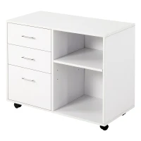 HOMCOM Modern Lateral Filing Cabinet, 3 Drawer File Cabinet for Letter and A4 Size Documents, Mobile, Printer Stand with Open Shelves, Rolling Wheels, White(m-11)