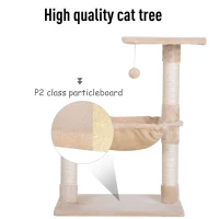 PawHut 27.5" Cat Tree Hammock with 3 Natural Sisal Scratching Post, Teasing Toy - Beige(m-4)