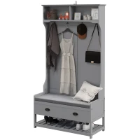 HOMCOM Coat Rack Shoe Bench, Hall Tree with Bench and Shoe Storage, Entryway Bench with 4 Hooks, 2 Drawers, 2 Shelves, Grey(m-2)