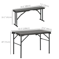 Outsunny Folding Picnic Table with 2 Benches, 3-Piece Portable Outdoor Picnic Table Bench Set for 4, Patio Dining Table Set with Plastic Top, Steel Frame for Garden, Dark Grey(m-3)