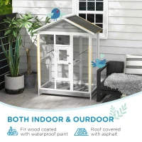 PawHut 64.5" Wooden Bird Cage Aviary, Flight Cage with 4 Perches, Nest and Slide-Out Tray for Indoor/Outdoor, Gray(m-7)