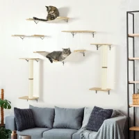 PawHut 6PCs Cat Wall Shelves Pet Wall-mounted Climbing Shelf Set with Scratching Posts Jumping Platforms Ladder Oak(m-9)