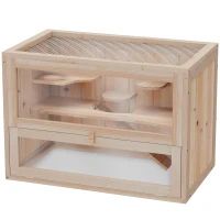 PawHut 2-Level Hamster Cage Mice and Rat House, Small Animal Habitat for Guinea Pigs, Chinchillas with Openable Top, Front Door, Shelf and Ladder, Natural(m-11)