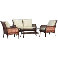 Outsunny 4-Piece Outdoor Wicker Sofa Set, Outdoor PE Rattan Conversation Furniture with 4 Chairs & Table, Water-Fighting Material, White(m-1)