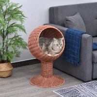 PawHut Elevated Cat Bed with Rotatable Egg Chair Pod, Cat Basket Bed with Thick Cushion, Natural Mat Grass Woven Kitty House, Brown(m-2)