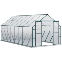 Outsunny 16' x 8' Aluminum Greenhouse Polycarbonate Walk-in Garden Greenhouse Kit with Adjustable Roof Vent, Rain Gutter and Sliding Door for Winter, Clear(m-1)